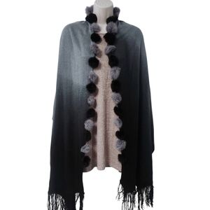 Gray & Black Ombre Shawl w/ Fur Pom Pom Scarf Wrap